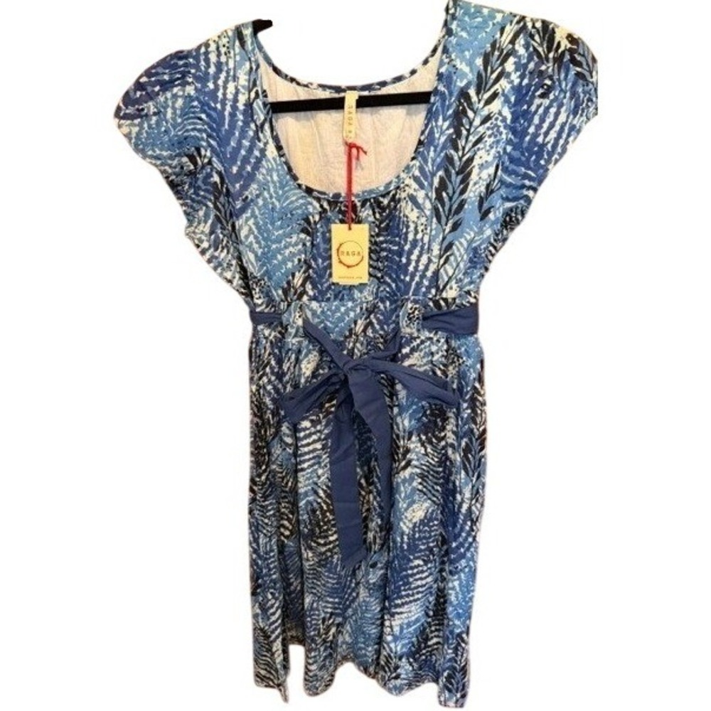 Anthropologie Raga Womens Blue White Leaf Print Cotton Fit & Flare Dress NWT M